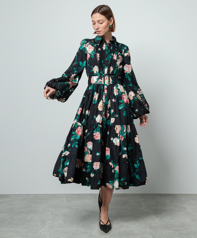 knee length dresses for ladies Pleated Janice Midi Shirt Dress Black Gold Floral main image 1
