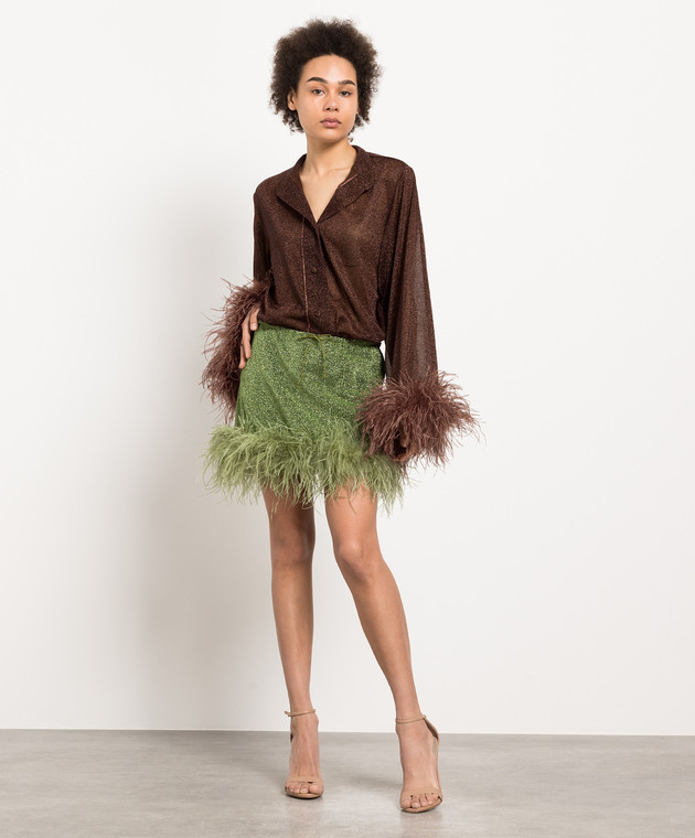 Oseree - Lumiere Plumage green mini skirt with lurex and ostrich feathers  LES238LUREXPLUMAGE - shop with Cyprus delivery at Symbol