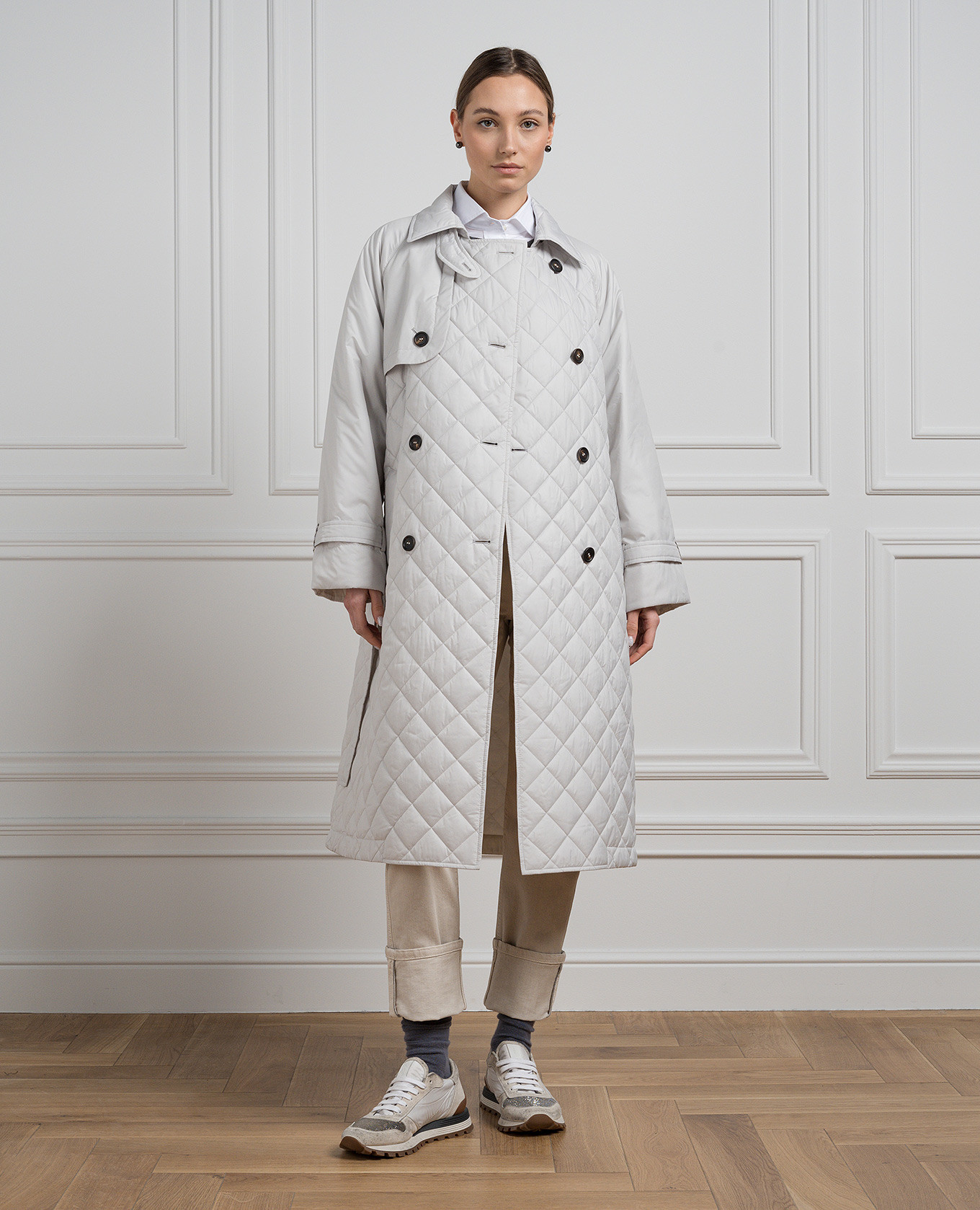 Gray quilted trench coat with monil chain Brunello Cucinelli 3