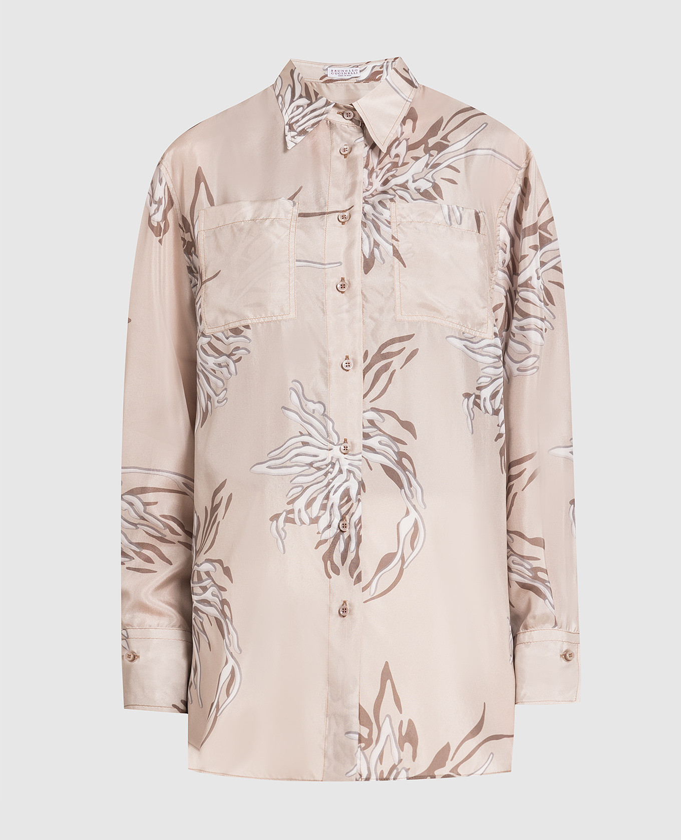 Beige silk shirt with a floral print brunello cucinelli