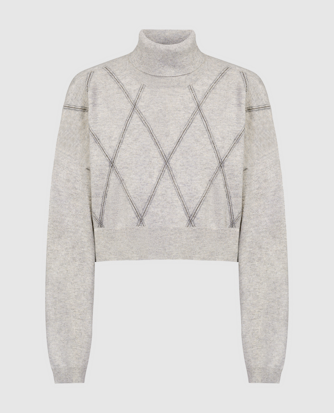 Gray sweater in a geometric pattern with a monil chain made of ekolatuny brunello cucinelli
