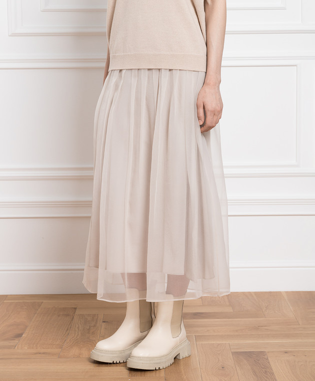Brunello Cucinelli - Beige silk pleated skirt with monil