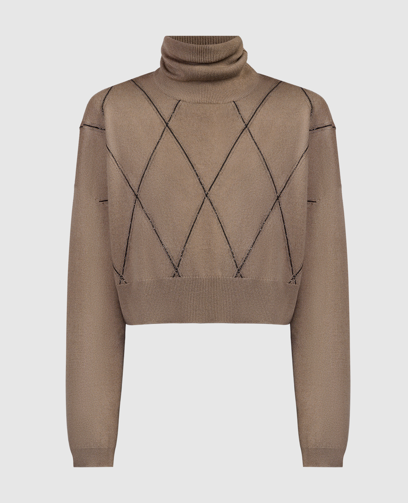 Brown sweater in a geometric pattern with a monil chain made of ecolathoon brunello cucinelli