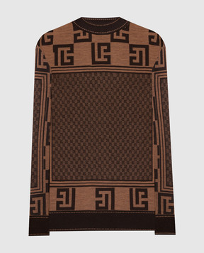 Balmain Brown wool jumper with logo monogram pattern BH0KD000KF34