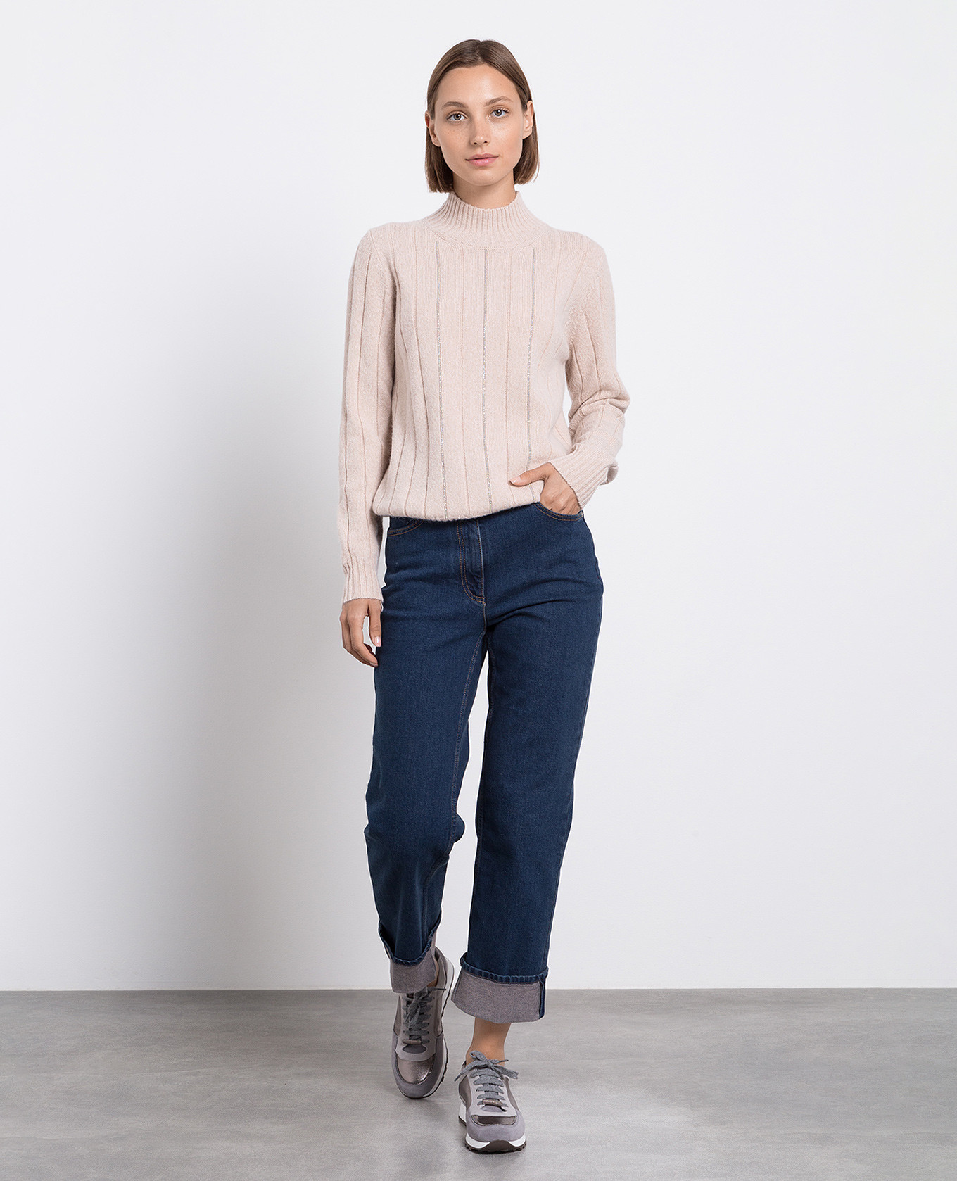 Beige wool, silk and cashmere turtleneck with monil chain Peserico 2