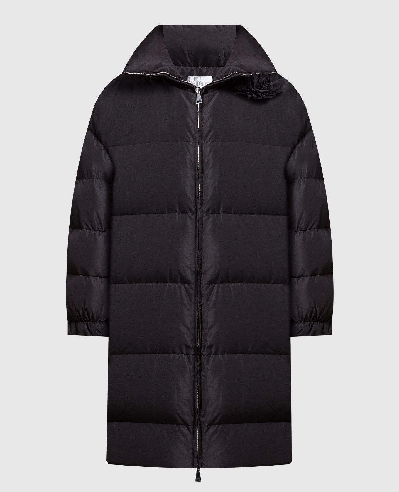 Black quilted down jacket with a brooch giuseppe di morabito milano