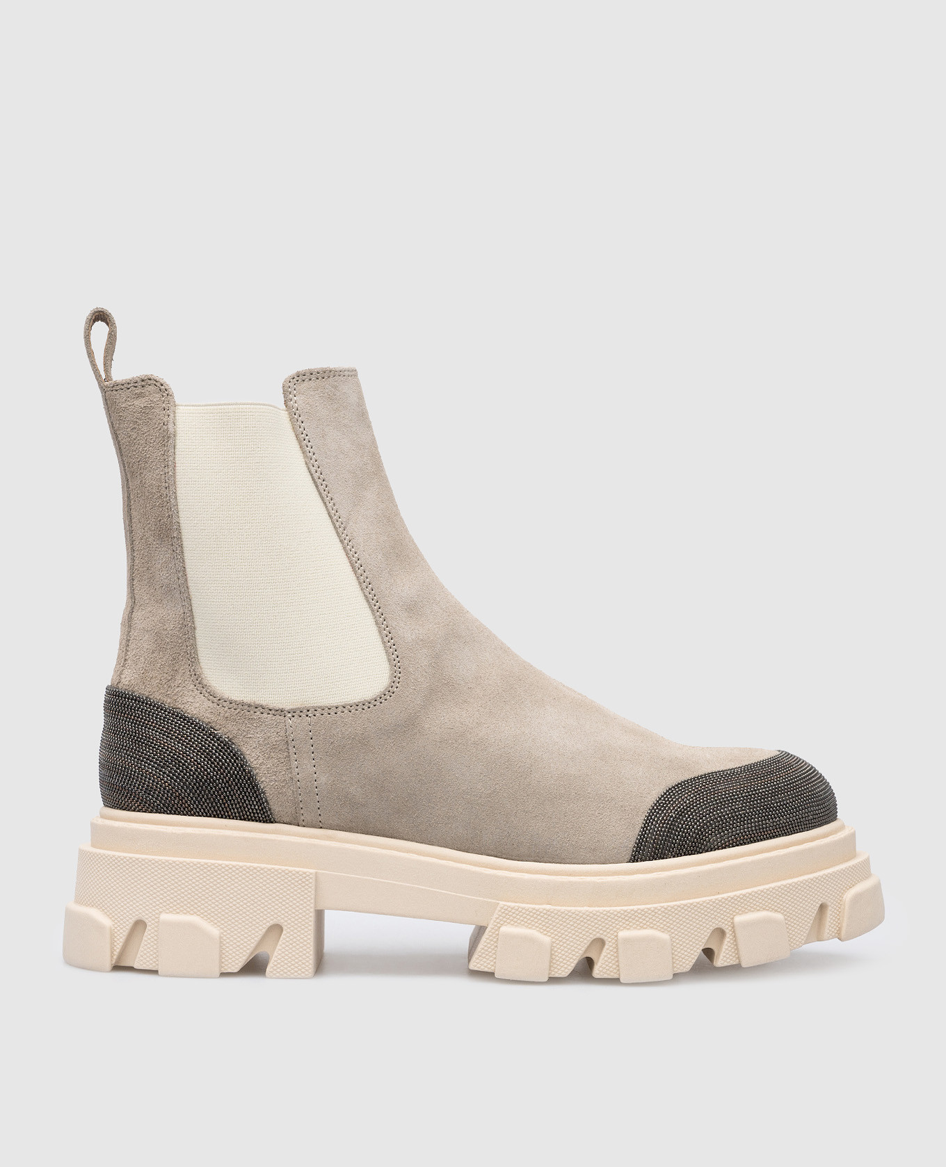 

Gray suede chelsea boots with monil chain Babe Pay Pls, Beige