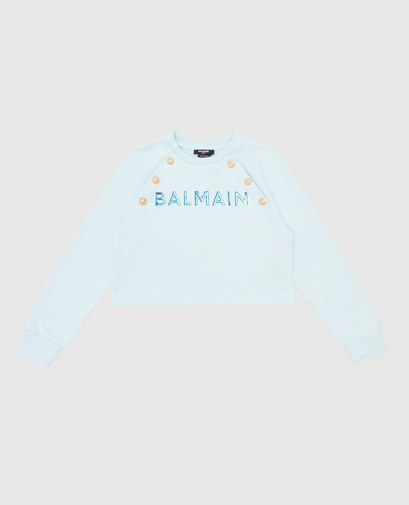 Children's blue sweatshirt with a holographic logo balmain