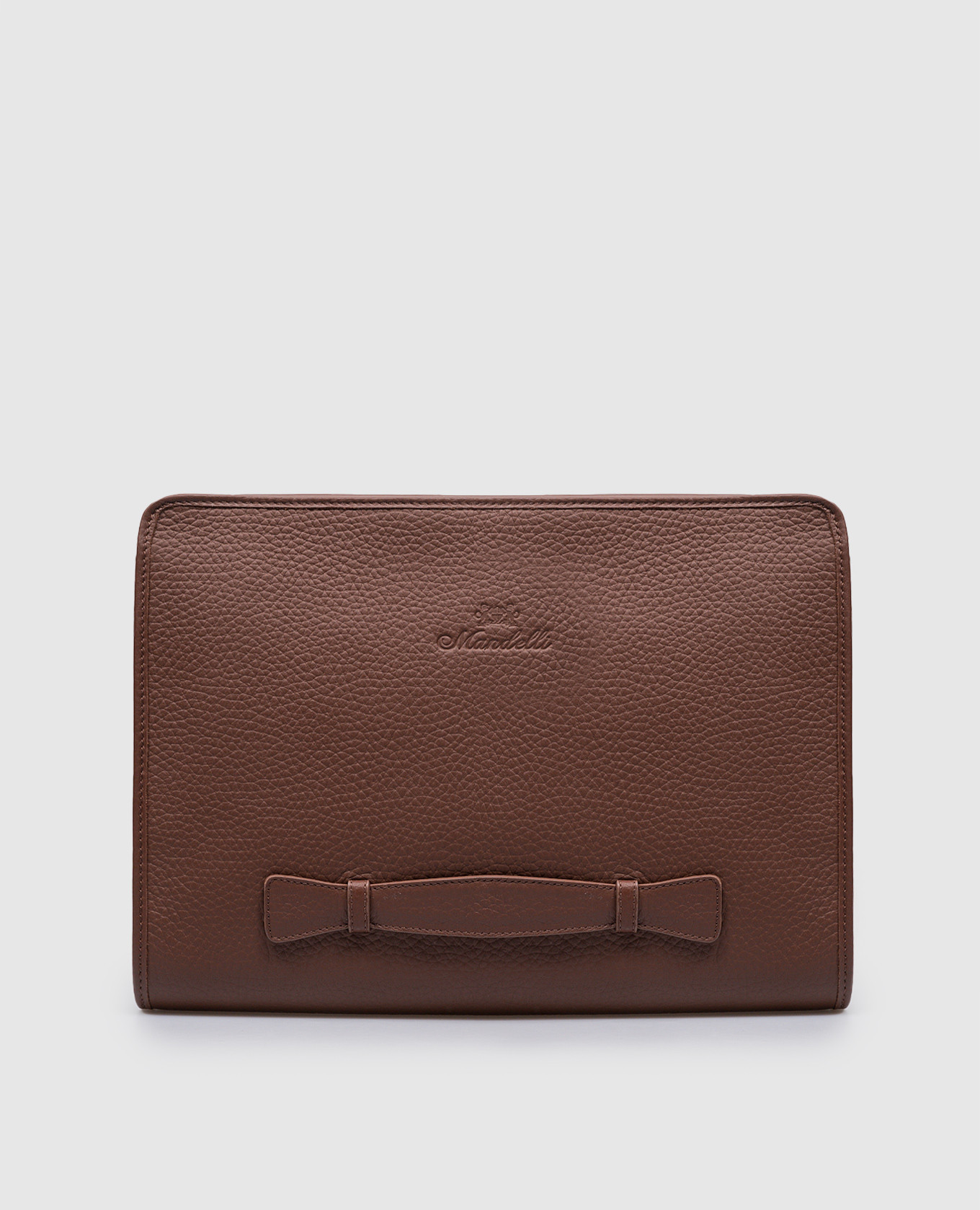 

Brown leather folder for documents with embossed logo Enrico Mandelli