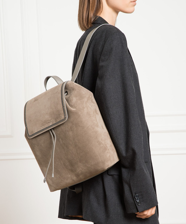 Brunello Cucinelli - Brown suede backpack with monil chain