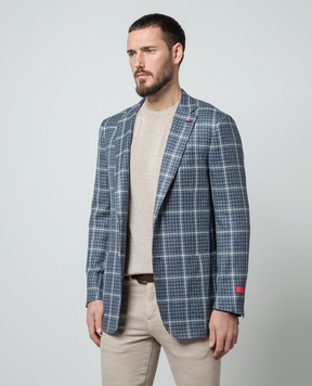 ISAIA Blue wool, silk and linen check blazer 521GSI97521
