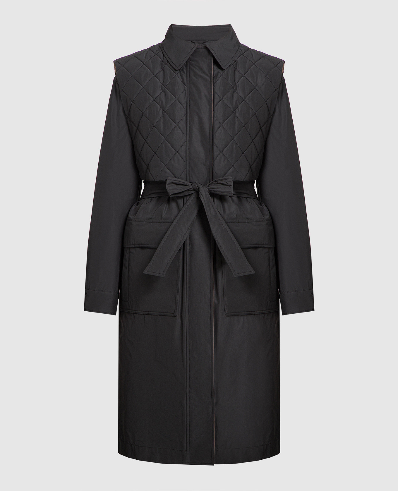 Black trench coat with figured quilting brunello cucinelli