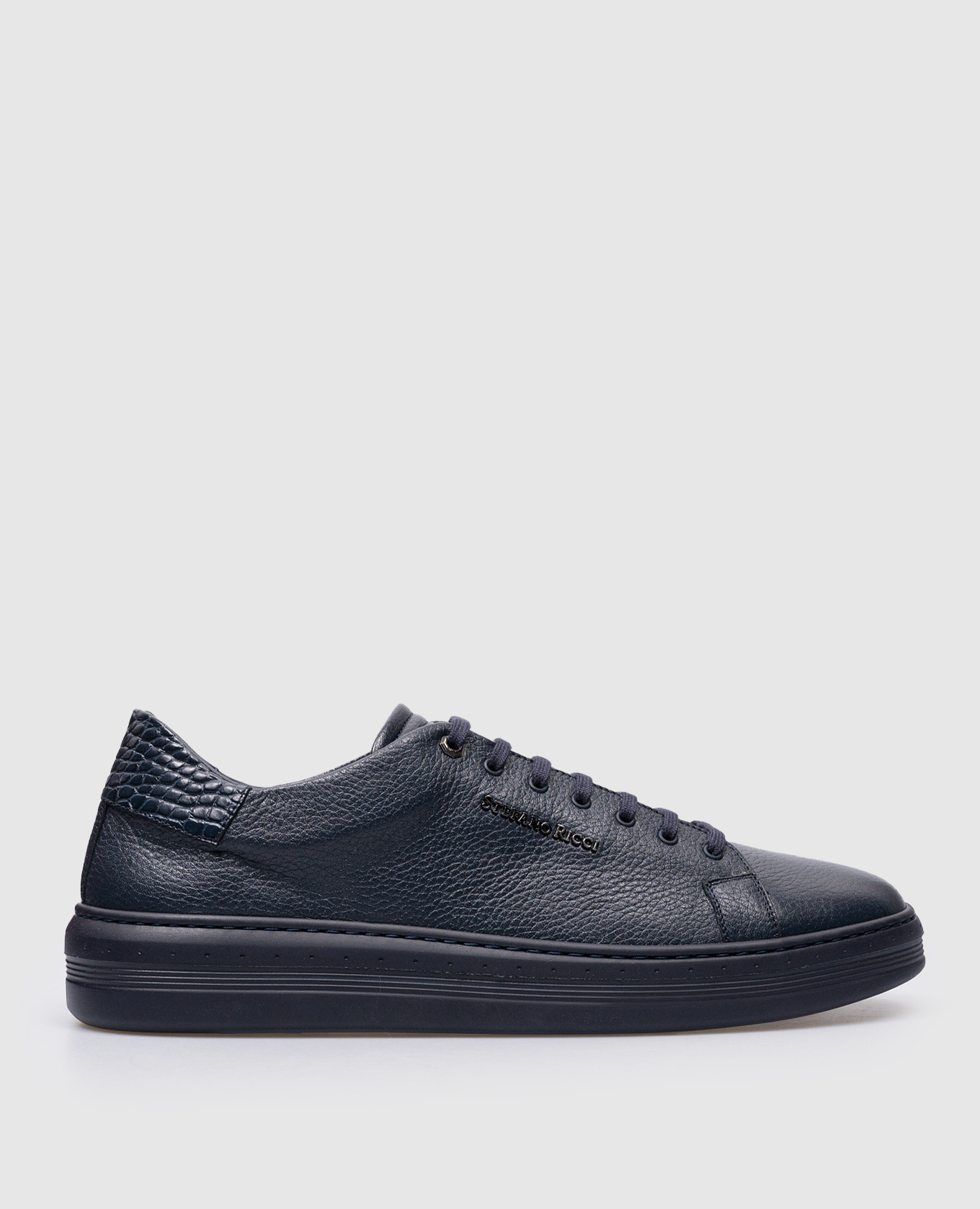 Blue leather trainers with metallic logo stefano ricci