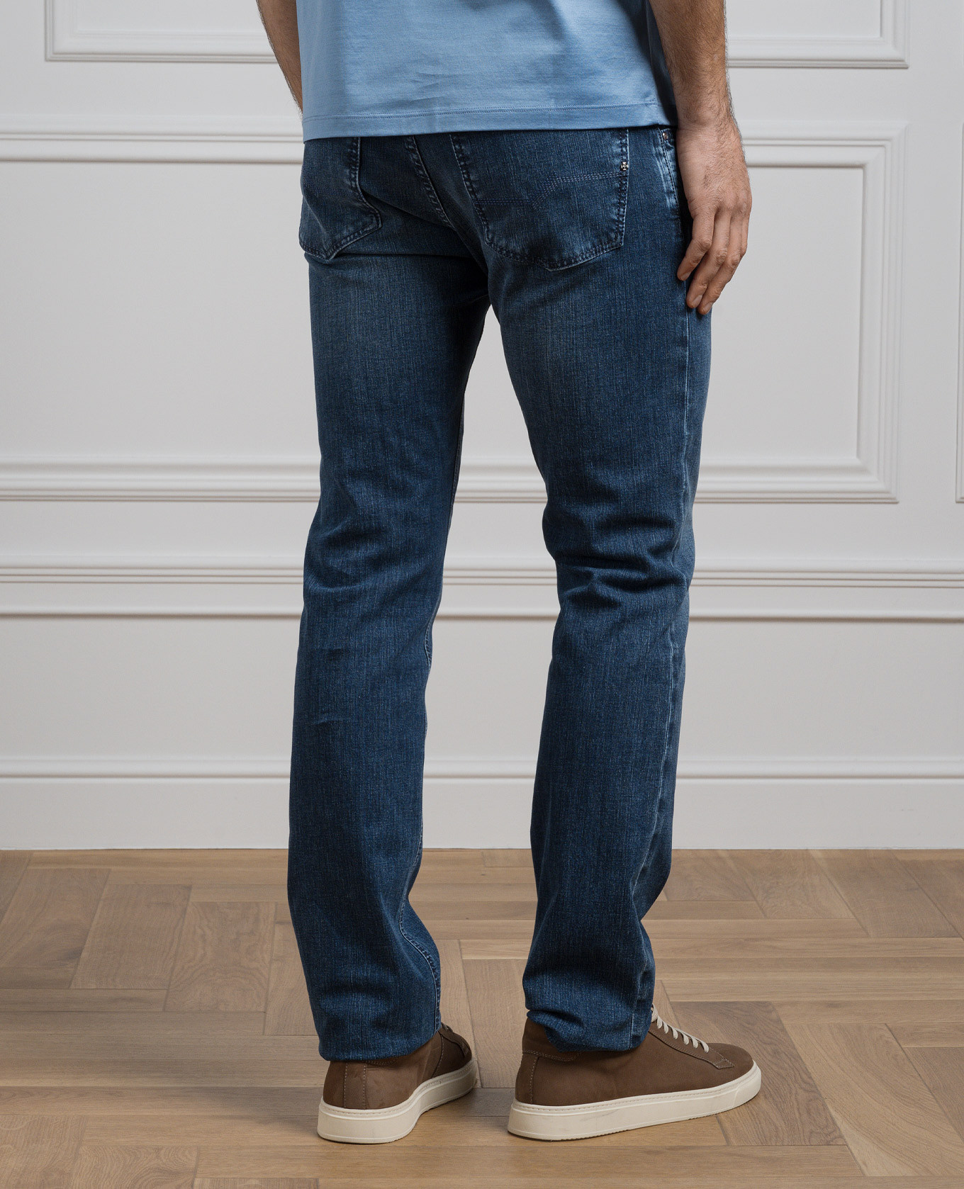 

Blue jeans with leather logo patch Stefano Ricci