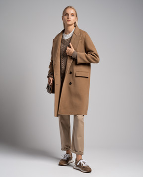 Brunello Cucinelli Brown double-breasted wool and cashmere coat with monil chain MD5329728