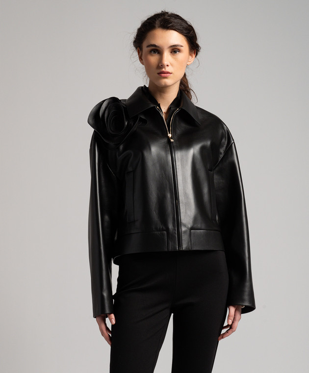 Valentino - Black leather jacket with textured appliqué