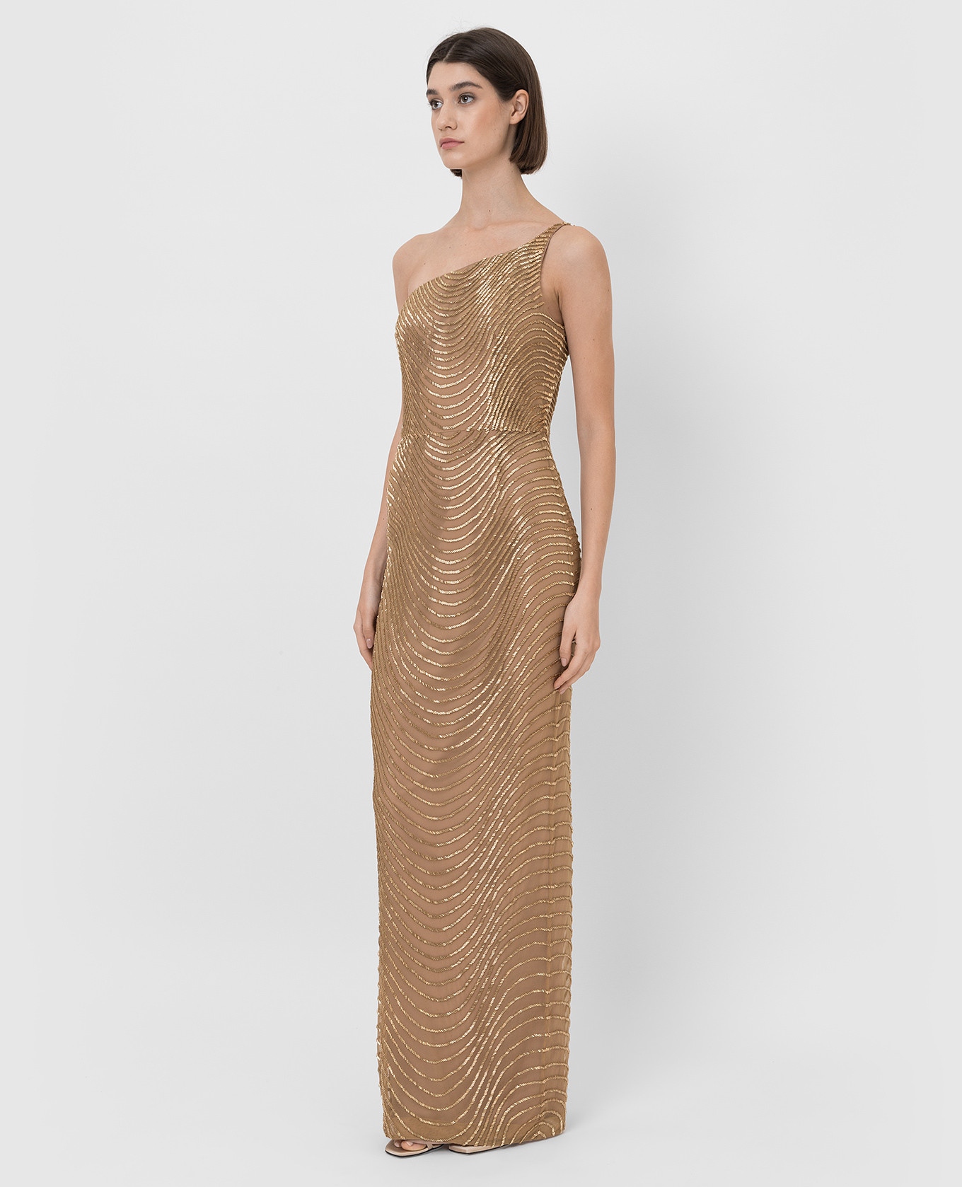 

Axton tan dress with beading and slit Rachel Gilbert, Brown