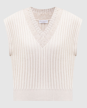 Brunello Cucinelli Beige vest made of cashmere in a rib with lurex and sequins M12511602