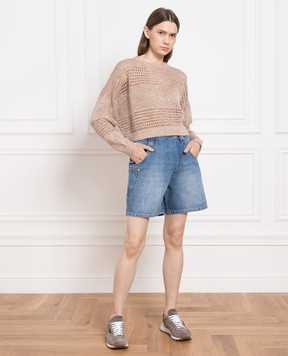 Brunello Cucinelli Blue denim shorts with monil chain MA095P5833