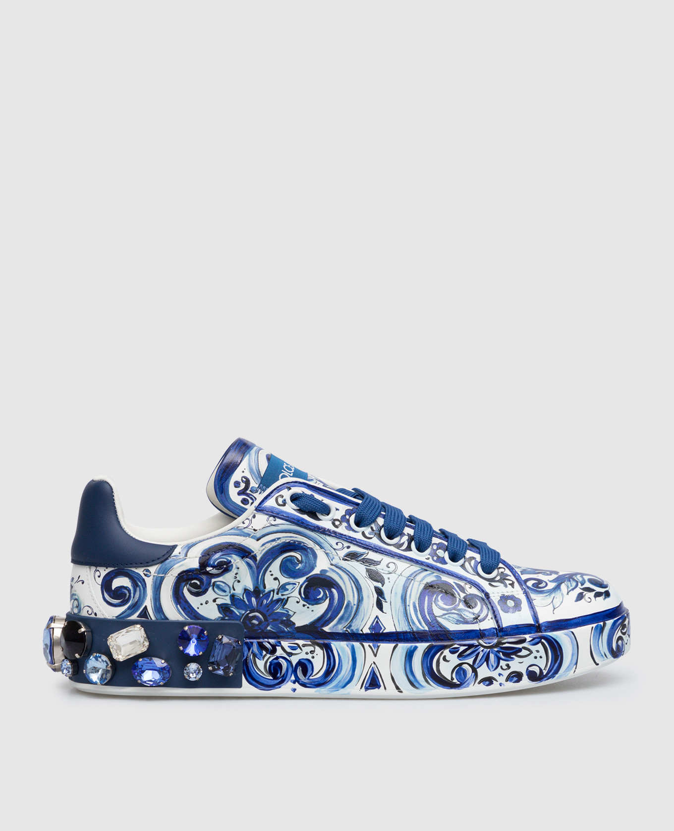 

Blue leather Portofino sneakers in majolica print with crystals Dolce&Gabbana