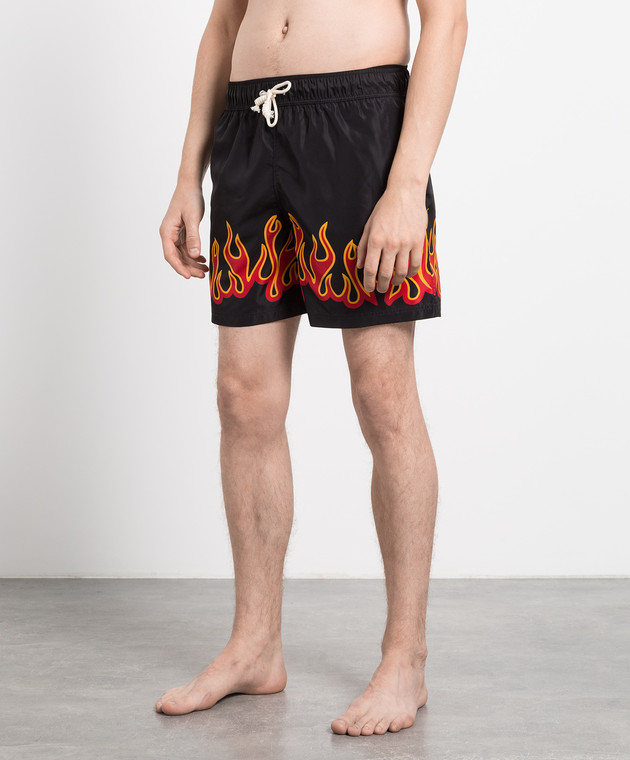 Palm Angels - Black swim shorts with BURNING FLAMES print 