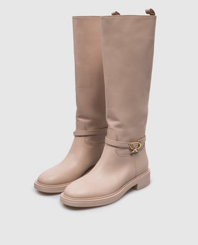 Gianvito Rossi Ribbon Cavalier beige leather boots with metal logo G8034520GOM