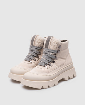 Brunello Cucinelli Beige suede boots with shearling inserts and monil chain BZSOFZG234