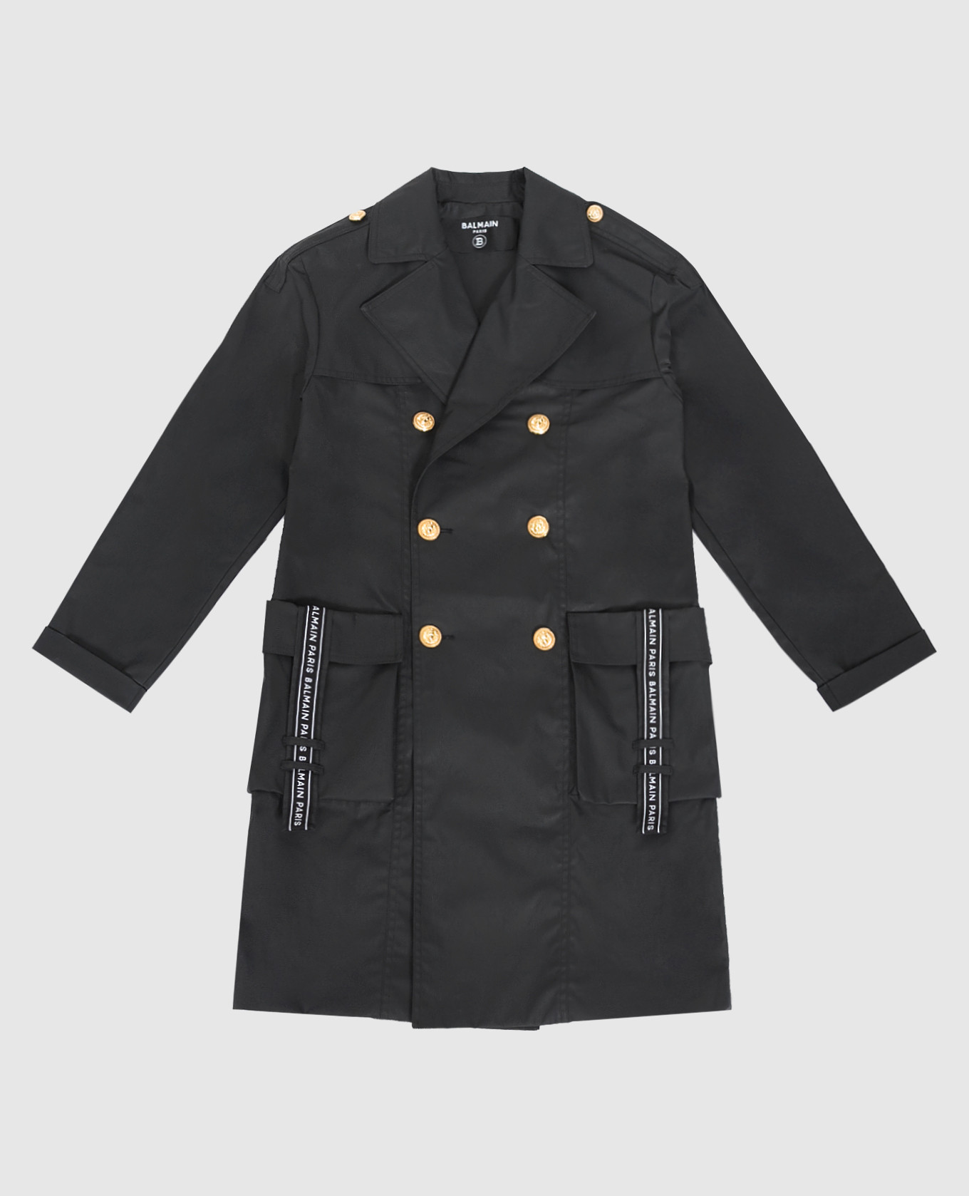 Children's double-breasted black trench coat with logo balmain