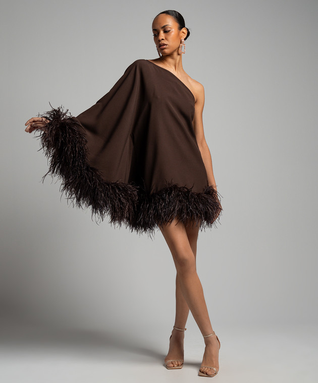 taller marmo one shoulder dress Taller Marmo - Piccolo Ubud Brown Ostrich Feather One Shoulder Dress CORE01