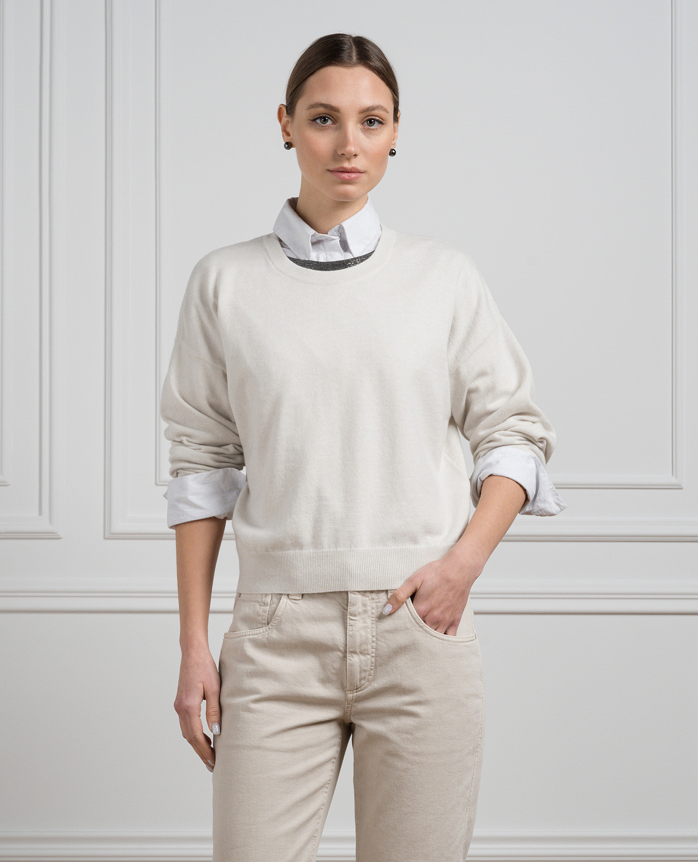 

Beige cashmere sweater with monil chain Brunello Cucinelli