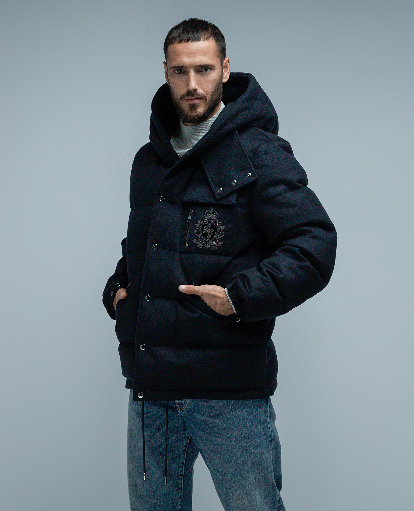 

Blue cashmere down jacket with heraldic logo patch Dolce&Gabbana