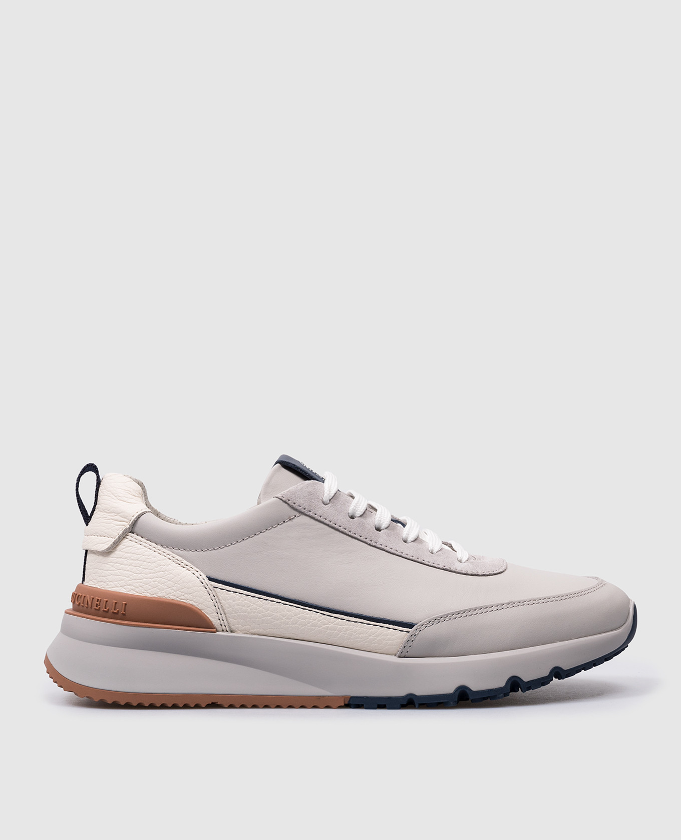 Gray leather sneakers with logo brunello cucinelli
