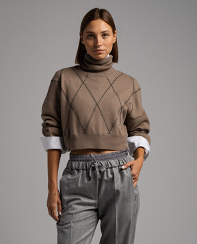 Brunello Cucinelli Brown sweater in a geometric pattern with a monil chain made of ecolathoon M16188703