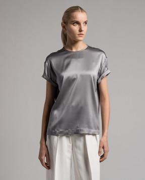 Brunello Cucinelli Gray silk blouse with ecolathuni monil chain M0C59DE310