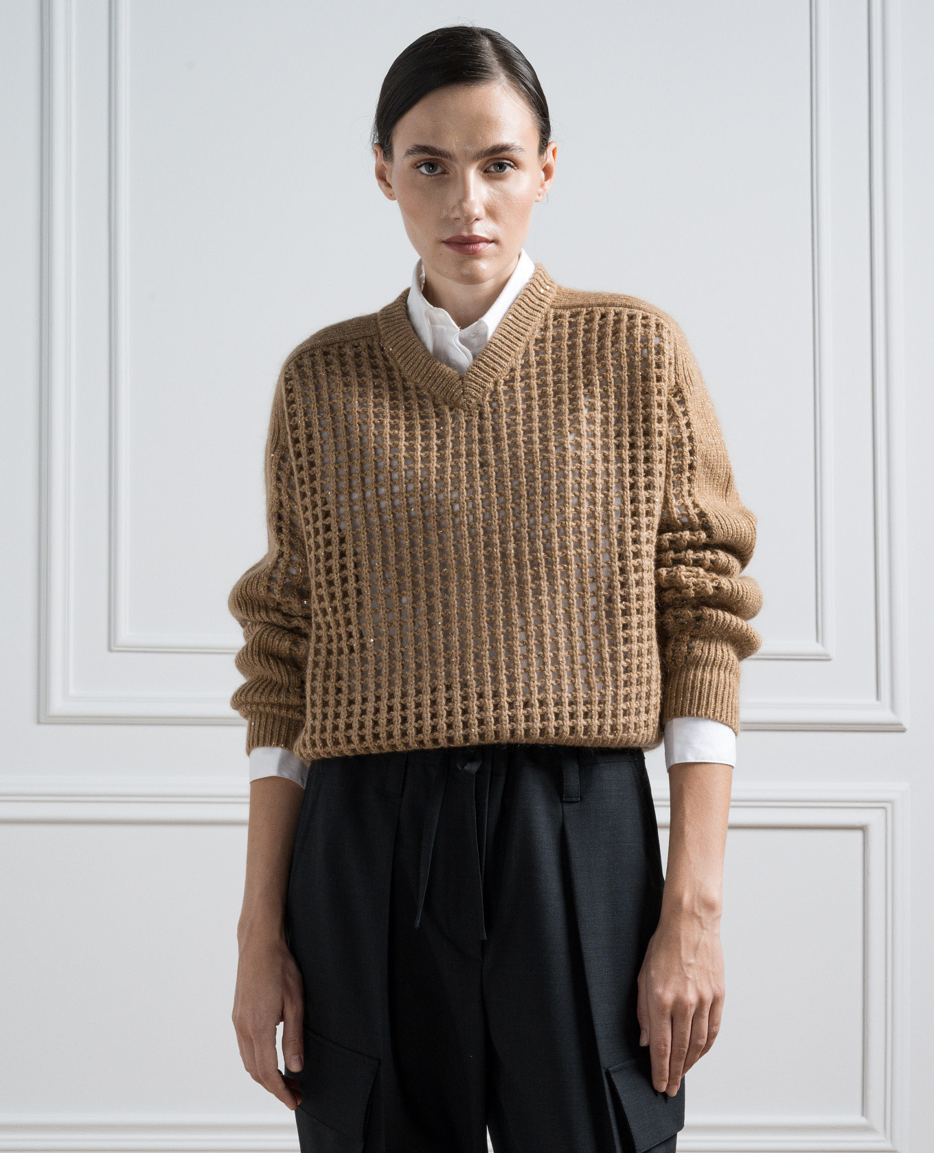 Brown openwork pullover with lurex Brunello Cucinelli 3
