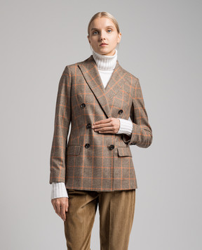Kiton Brown double-breasted check wool and cashmere jacket D46523S06300