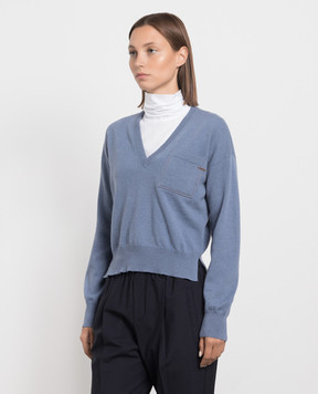 Brunello Cucinelli Blue cashmere pullover with monil chain M12186702P