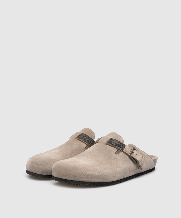 Brunello Cucinelli - Gray suede mules with monil chain