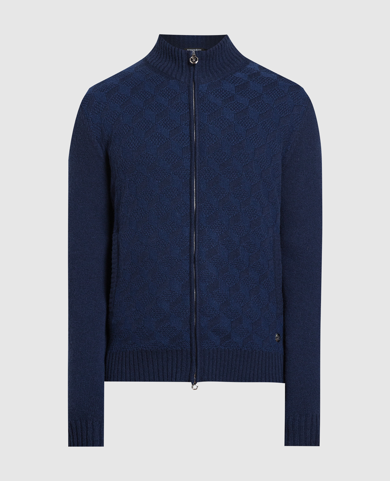 

Blue cashmere cardigan in textured pattern with logo Stefano Ricci