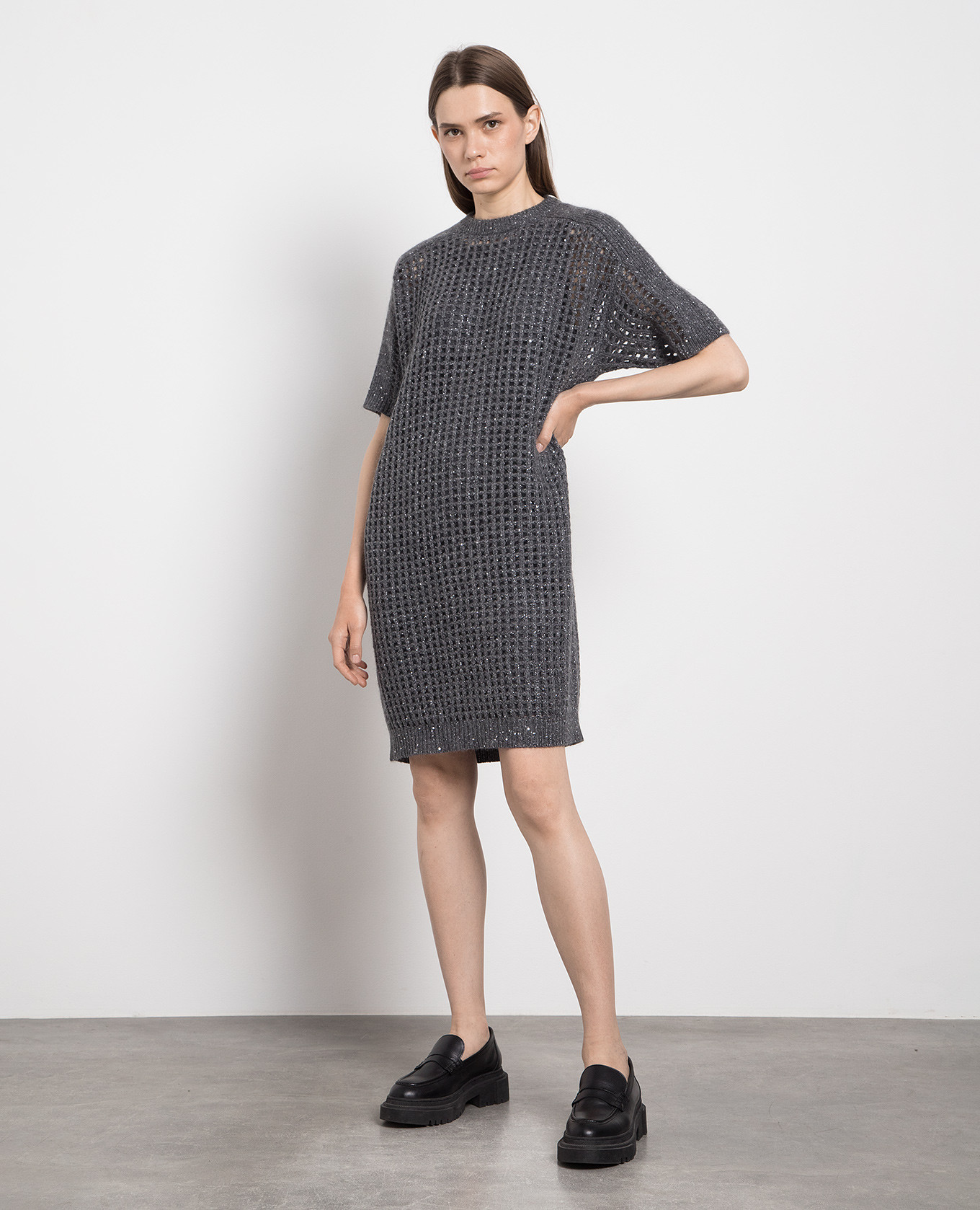 

Gray openwork dress with lurex and sequins Brunello Cucinelli, Grey