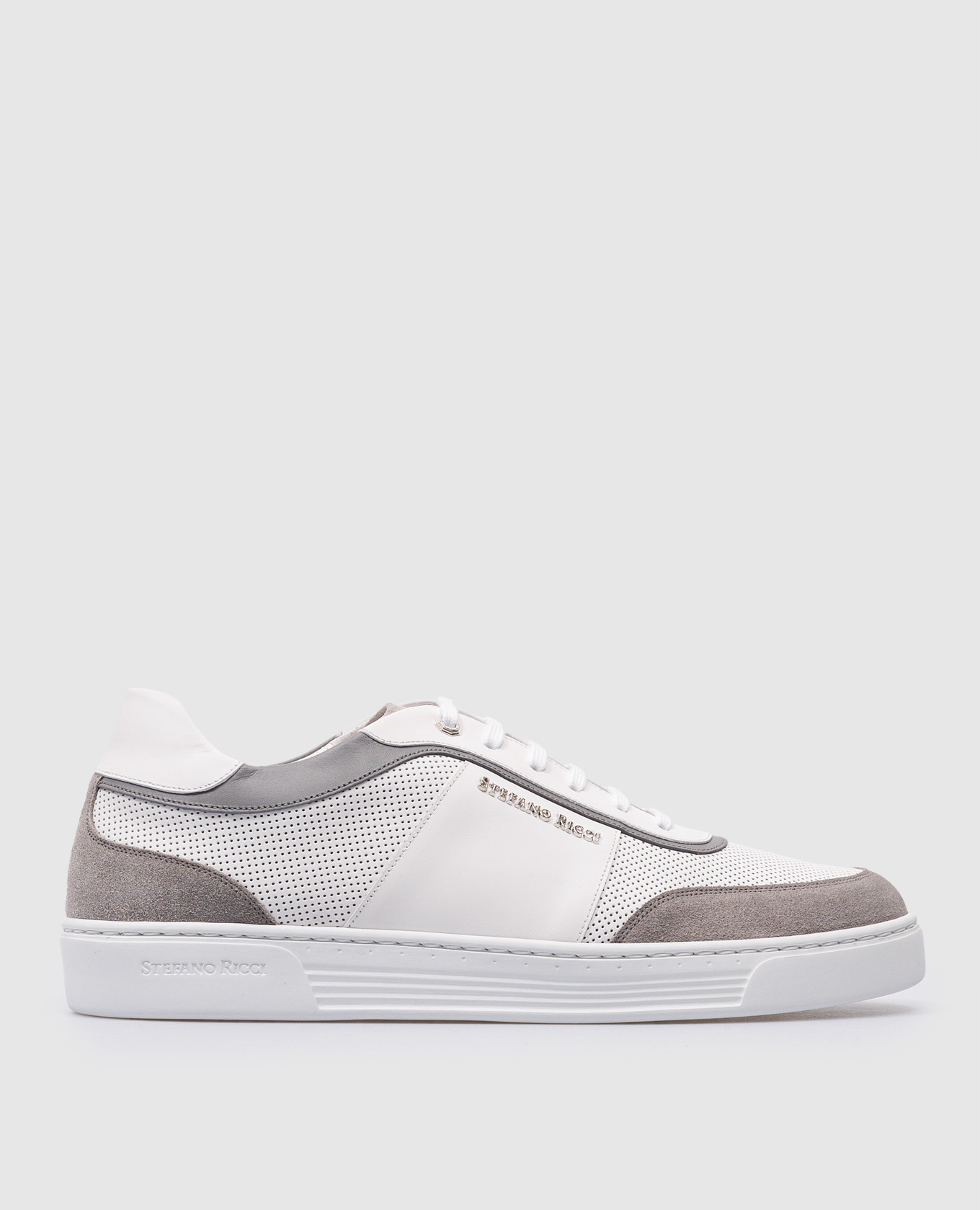 White leather sneakers with metal logo stefano ricci