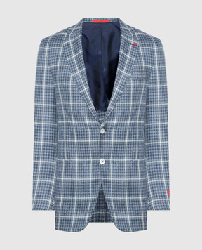 ISAIA Blue wool, silk and linen check blazer 521GSI97521