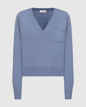 Brunello Cucinelli Blue cashmere pullover with monil chain M12186702P