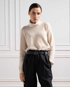 Brunello Cucinelli Beige ribbed cashmere turtleneck with monil chain M12175403