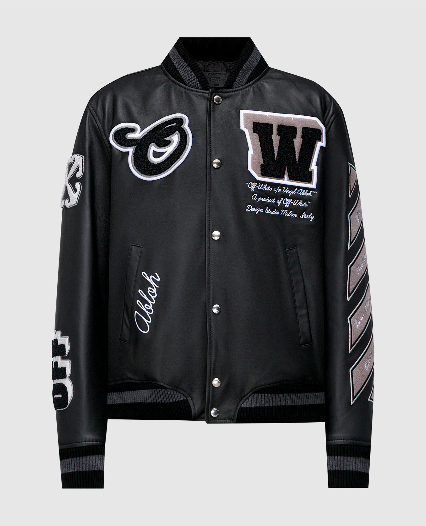 Off-White - Black leather Varsity Jacket with logo patches