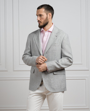 Brunello Cucinelli Gray linen houndstooth blazer MB4057BTDA