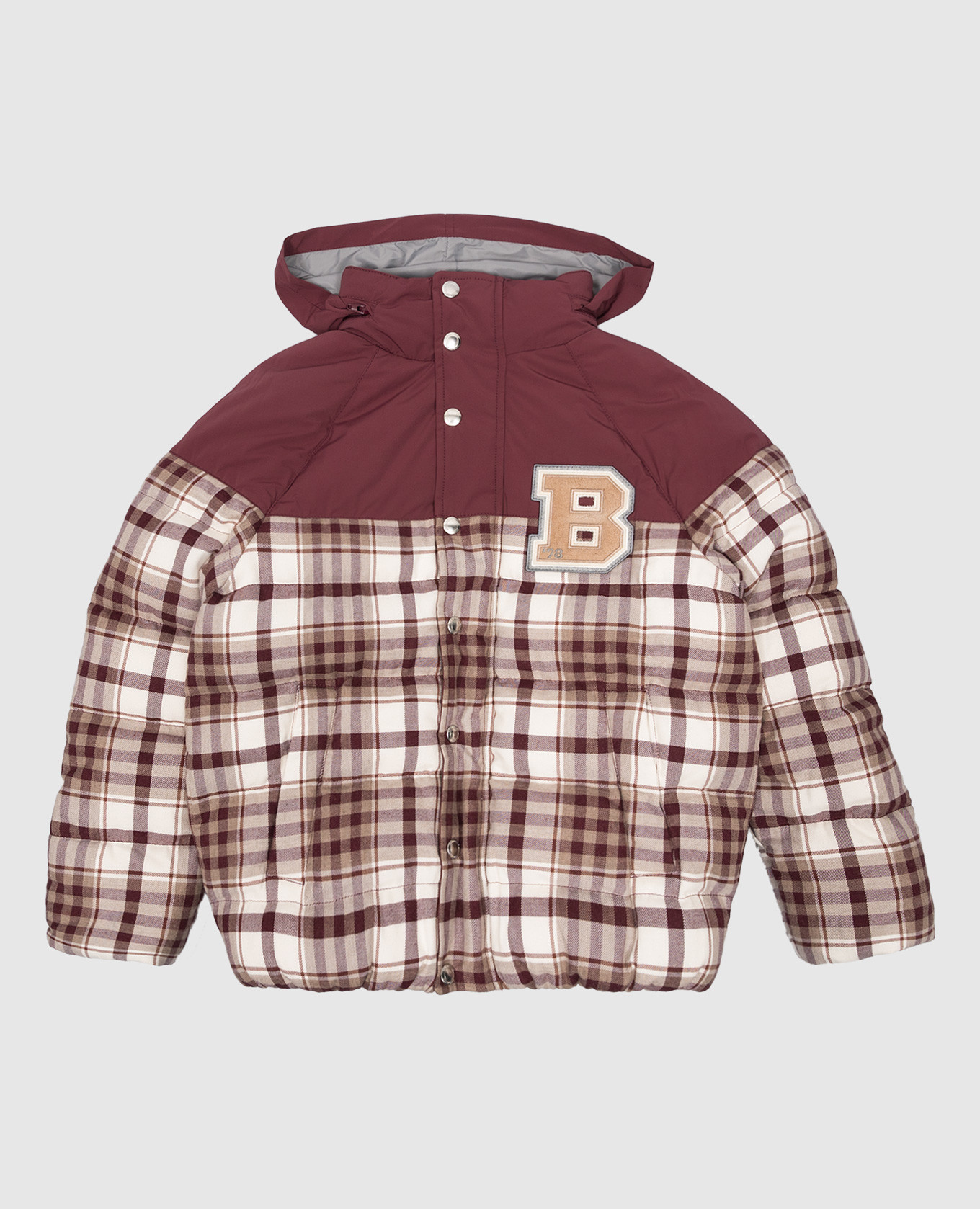 Children's burgundy combined checkered down jacket brunello cucinelli