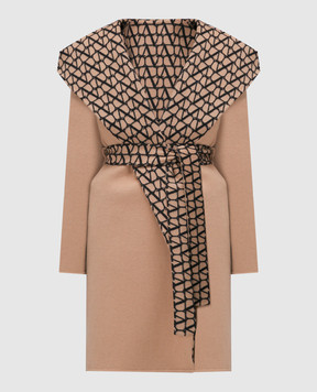 Valentino Brown double-sided wool and silk coat with VLOGO print 3B3CA6P77YB