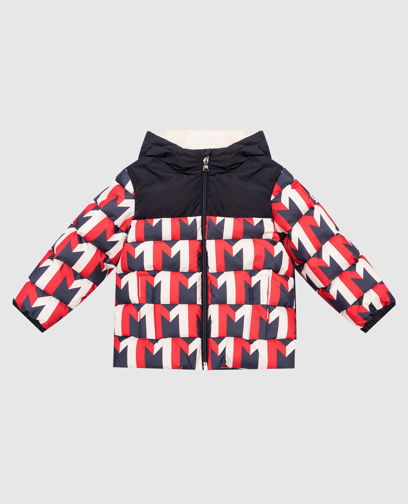 Children's blue down jacket with monogram logo print moncler enfant