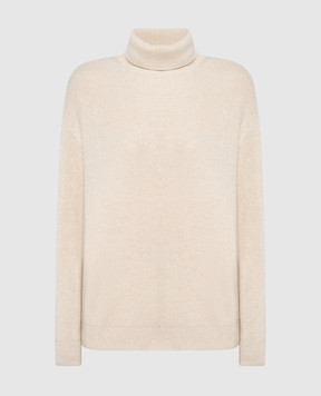 Brunello Cucinelli Beige ribbed cashmere turtleneck with monil chain M12175403
